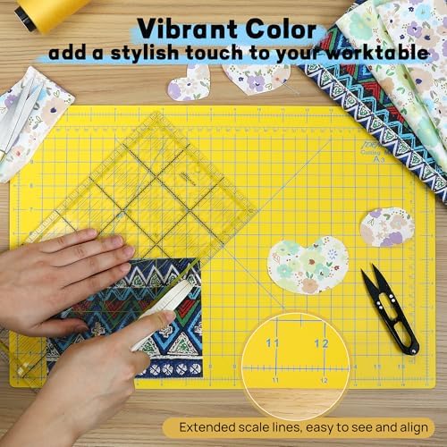 Self Healing Cutting Mat 18" x 12", A3 Double-Sided for Sewing & Quilting | Non-slip, 5-Ply Rotary Cutting Mat for Crafts Cutting Fabric Scrapbooking, and Small Modeling Projects, Lemon Yellow
