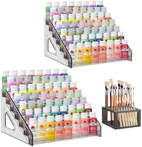 YEXEXINM 2 Pcs Clear Paint Organizer With Paint Brush Holder,7 Layers Acrylic Paint Organizer,Paint Storage Rack,Craft Paint Organizer Rack,Miniature Paint Holder for Paint Storage(Gray)