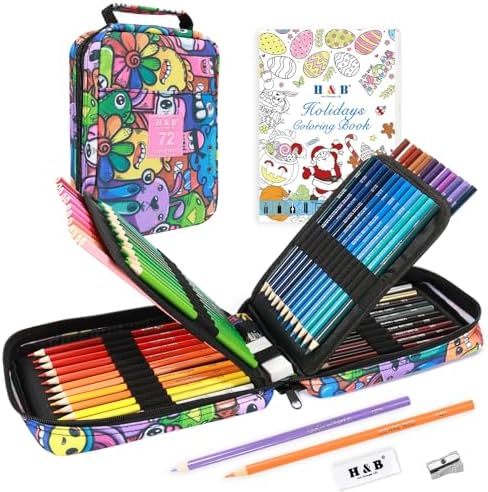 H & B Art Supplies, 72Pack Drawing Supplies for Adults, Drawing Kit with Holiday Coloring Book, Oil-Based Colored Pencils for Artists