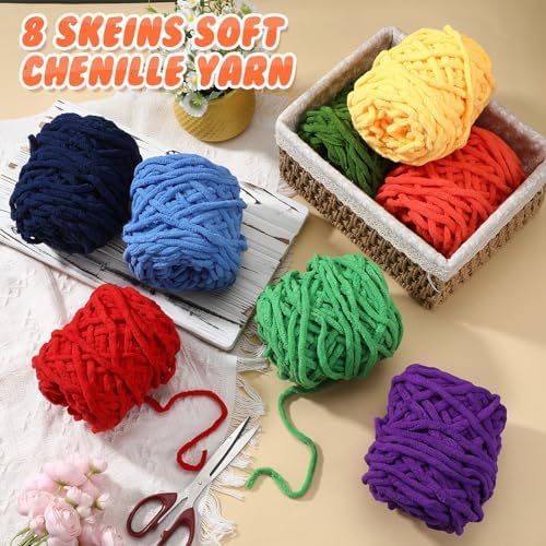 Buryeah 8 Pack Chunky Chenille Yarn for Crocheting, Rainbow Colors