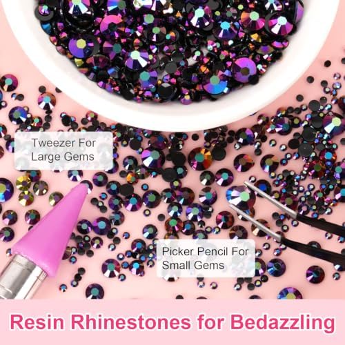6000PCS Resin Jelly Rhinestones for Crafting, Black-Bottom Purple Red AB Flatback Gems, Bedazzling Crystal with 10ml B7000 Jewelry Glue and Tweezers Dotting Pen for DIY Crafts Clothing Shoes Nail Art