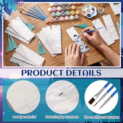 Kosiz 24 Pcs Mountain Paint by Number Kit for Adult Wood Bookmark | Mini Paint by Numbers Kit, Painting Decor, Tassels Blank Bookmarks, for Small DIY Craft Book Lovers Gift 7x2 ''