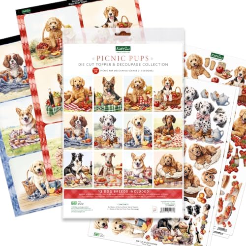Katy Sue Designs Picnic Pups Die Cut Topper & Decoupage Collection. 4 Sheets of Dog-Themed Square Card Toppers & 4 Sheets of Matching Die Cut Decoupage Sheets for Card Making Supplies & Craft Supplies