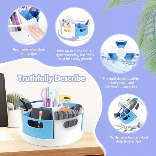 Rotating Art Supply Organizer Storage Caddy for Kids, 7 Bins Craft Crayon Marker Organizers for School Desk, Lazy Susan Pencil Holder for Classroom Organizations (blue and white)