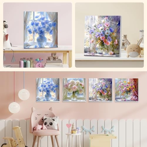 NEWENMO 4 Pack Paint by Numbers for Adults with Wooden Framed, Wildflowers in Vase, Paint by Number Kits on Canvas for Beginner, DIY Acrylic Oil Painting Kits for Home Decor 8x8 inch, Colorful Flowers