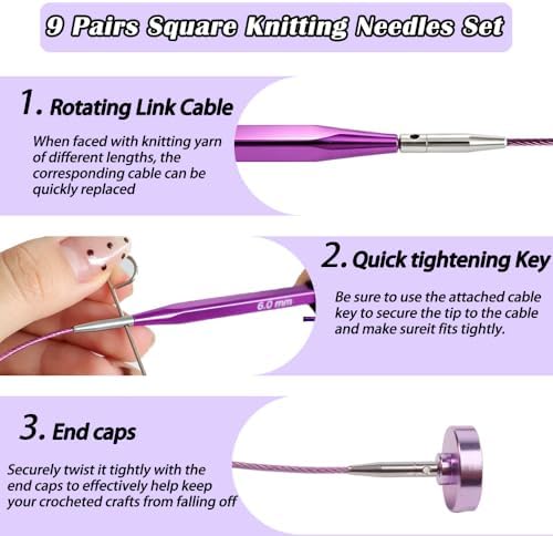 Yarniss 9 Pairs Square Circular Knitting Needles Set with Cable US 2.5~11