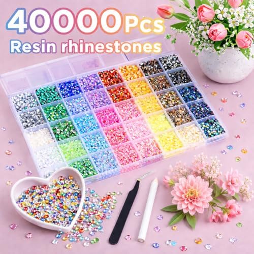 40000Pcs 40 Colors Jelly Rhinestones for Bedazzling,Mix Colors Bedazzling Kit with Rhinestones,3MM SS10 Colorful Resin Flatback Gems kit with Complete Tools for Crafting, Nail Art, Shoes, Books