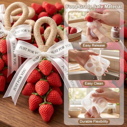Silicone Strawberry Soap Mold Kit for DIY Soap Making, with Cotton Rope, Bow Ribbons, Leaf Stamper, Reusable Soap Making Supplies for Crafts, Gifts & Beginners