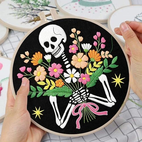 Louise Maelys Halloween Skeleton Flower Embroidery Kit for Beginners Adults