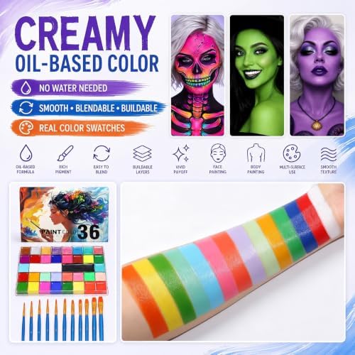Face Body Paint Kit 36 Colors, 11 UV Neon Glow, 10 Brushes for Halloween