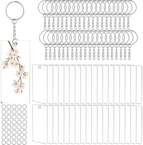 120Pcs Acrylic Keychain Blanks, BetterJonny 40Pcs Rectangle Key Tags with Key Chain Rings and Open Rings Unfinished Clear Ornament for DIY Crafting & Vinyl Projects