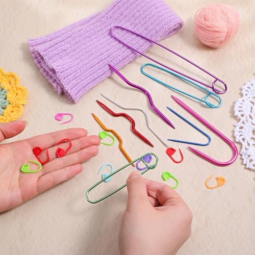 19 Pcs Knitting Needles, Knitting Stitch Holders and Cable Needles Set, Aluminum Needle, Yarn Stitch Holders, Versatile Knitting-Crochet Hook, Sewing Crocheting Supplies Accessories (Multi-Color)