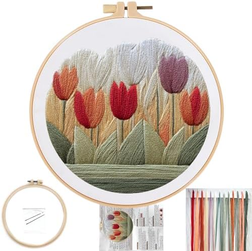 FONNUY Embroidery Kit for Beginners, Tulips Flowers Pre-Stamped Pattern Kits for Adults with Hoop, Easy to Follow Color Thread Needlework, 8'' Hoop (White)