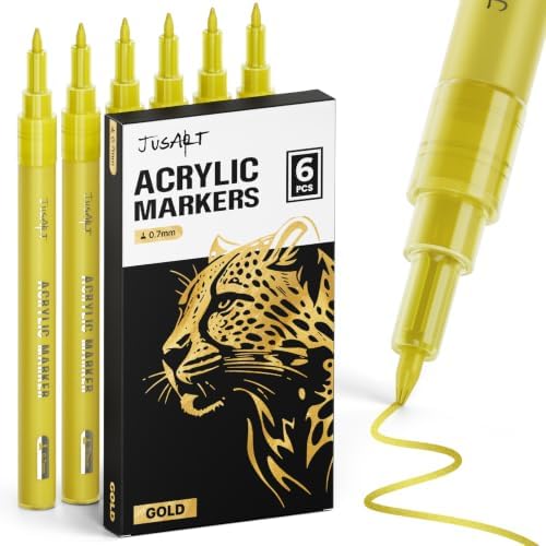JusArt 0.7mm Fine Point Gold Acrylic Paint Pen, 6 Pack
