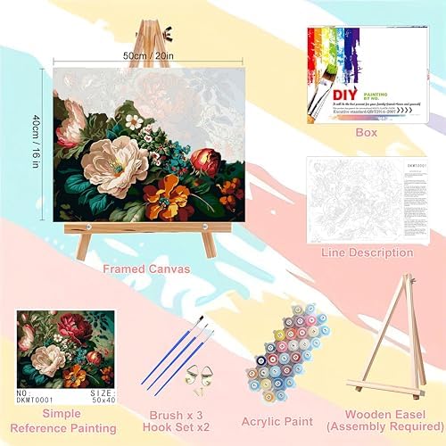 Peony Paint by Numbers for Adults with Framed Canvas - with Wooden Easel