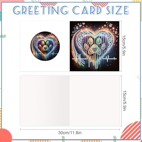 6 Pack Diamond Painting Greeting Cards with Envelopes, DIY 5D Diamond Art Card Kit Colorful Artistic Paw Designs, 30x15cm Handmade Rhinestone Cards Crafts for Pet Lovers and Creative Greetings