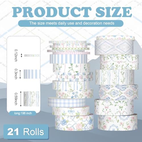 Colarr 21 Rolls Watercolor Floral Washi Tape Set 6 Yard Spring Flower Decorative Masking Tape for Craft DIY Arts Scrapbook Journaling Supplies Gift Wrapping, 3 Sizes