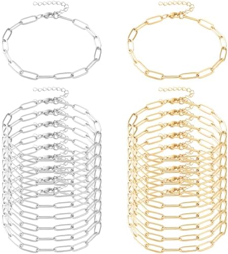 Exway 20 Pcs Paperclip Charm Bracelets Chain 8.0 Inch Stainless Steel Gold and Sliver Chain Bracelets Kit with Lobster Clasps for Crafts DIY Women Jewelry Making
