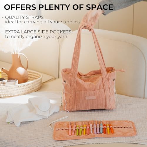 KIBAGA Stylish Yarn Bag for Crochet and Knitting Projects - Corduroy Crochet Organizer with 4 Interior Pockets and Yarn Holes - Perfect for Storing Hooks, Needles and Crafting Accessories