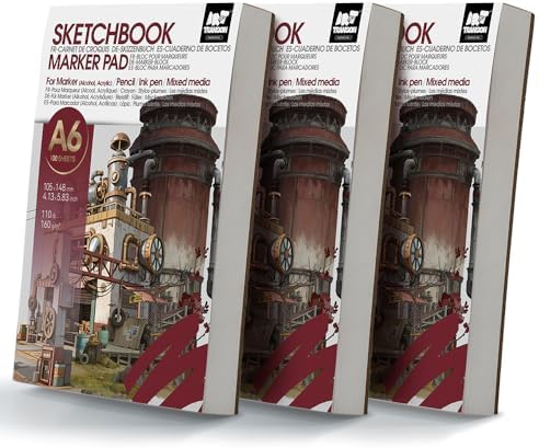 TRANSON 3 Pack A6 Mini Sketchbook Marker Pad, 110lb/160gsm Heavyweight Art Paper, No Bleed Through, 100 Sheets/200 Pages 4.13"x5.83" for Drawing & Sketching
