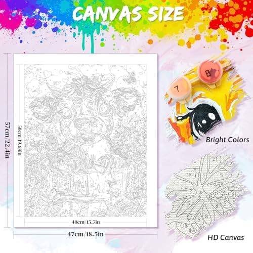 Yunnuo Cow Paint by Numbers Kit for Adults,Highland Cow Flowers Paint by Number Canvas,Acrylic Simple Painting by Numbers for Adults Beginners,Perfect for Home Wall Decor and Gifts(19.7x15.7 inches)