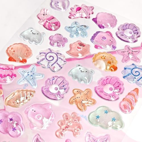 Stickers Pink Ocean Theme Cute Puff Stickers with Glitter Funny Kawaii, Sea Star, Shell, Conch 3D Puffy for Scrapbooks Planner Journals Laptops Phone Case Decoration Laptops Phone Case DIY
