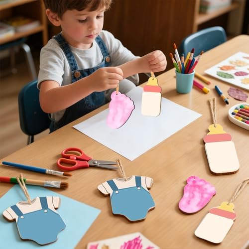 Baby Shower 30Pcs Unfinished Wooden Gift Ornaments DIY Craft Present Paintable Blank Natural Onesie Bottle Footprint Cutouts Hanging Wood Slices for Party Supplies