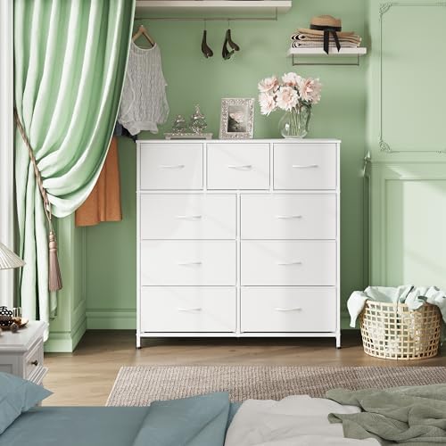 WLIVE Tall Dresser for Bedroom, 9 Drawer Chest of Drawers, White | 9 roomy fabric drawers, Tall storage design, Bedroom or closet use, Sturdy steel frame, Smooth wood tabletop