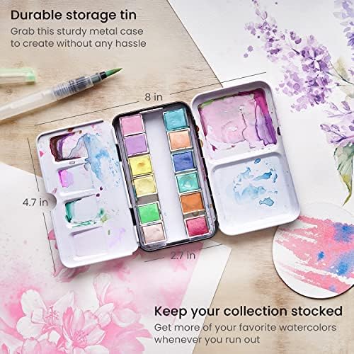 ARTEZA Watercolor Paint Set, 12 Pastel Colors, Half Pans in Travel Tin