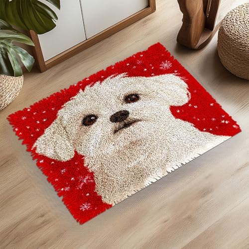 Latch Hook Rug Kit for Adults Merry Christmas Maltese Dog Pre-Printed Handmade Carpet Crochet Yarn Craft DIY Hook and Latch Door Mat Tapestry Home Floor Decoration 52x38cm(12)
