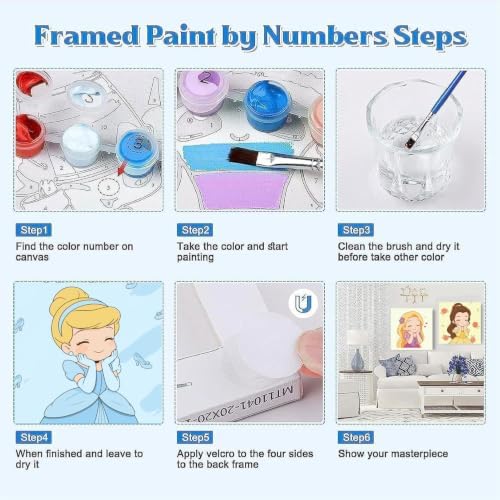 Fuinkqe 4 Packs Cartoon Paint by Numbers Kits for Kids Framed,Paint by Numbers for Girls Ages 8-12 with Framed Canvas and Wooden Easel,Paint by Numbers for Kids with Nice Boxs for Gifts 8X8 Inch