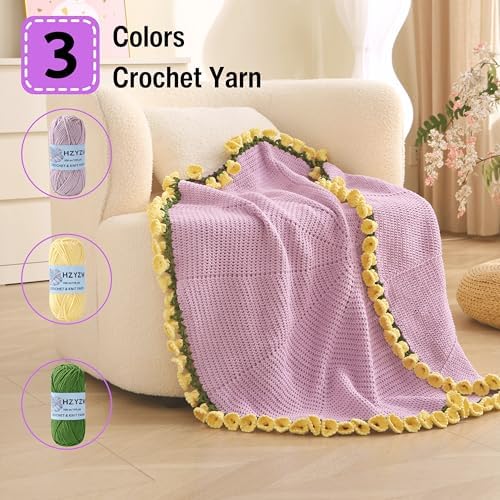 HZYZW Crochet Flower Blanket Kit for Beginners, 40'' Lily of The Valley Bouquet, Blanket Shawl Throw Kits for Adults, How to Knitting with Yarn, Home Decor Gifts for Crocheters (Purple-Yellow Lily)