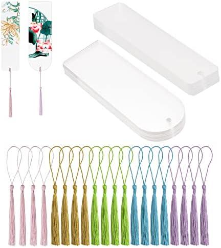 Blank Clear Acrylic Bookmakrs Penta Angel 20Pcs Plastic Craft Transparent Acrylic Bookmakrs with 20Pcs Small Bookmakrs Tassels for DIY Projects and Graduation Gift Tag