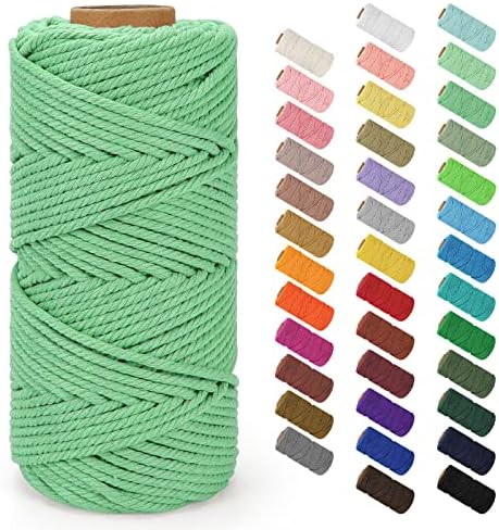 Macrame Cord 4mm x 109Yards (328Feet), Natural Cotton Macrame Rope - 4 Strands Twisted Macrame Cotton Cord for Wall Hanging, Plant Hangers, Crafts, Gift Wrapping and Wedding Decorations, Mint Green
