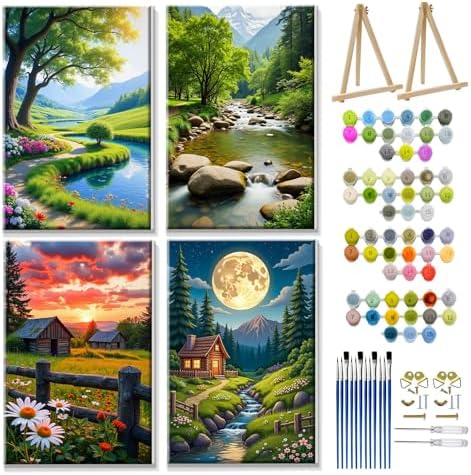 JOOZ 4 Pack Paint by Numbers Kit for Adults with Frame Mountain Landscape Paint by Number with Easel DIY Forest Adult Paint by Number Kits Moon Lake Oil Painting Kits for Home Wall Decor 8x12 Inch