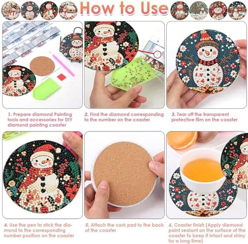 ijbnhd 8 PCS Diamond Art Coasters, Christmas Snowman Cork Wooden Pad
