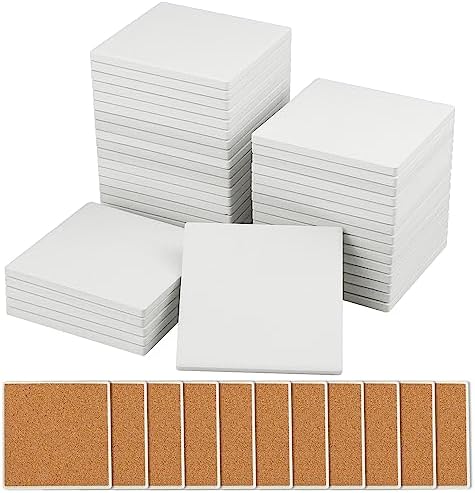 40 Pieces 4 Inch Blank Ceramic Coasters, Unglazed Ceramic Tiles Coasters, Ceramic Tiles with Cork Backing Pads for Painting, DIY Crafts, Mosaics, Square, White.by GNIEMCKIN.