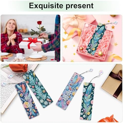 4 Pcs DIY 5D Diamond Painting Bookmark Kits, Special Shaped Acrylic Crystal Rhinestones Book Marks, Feather Diamond Art Bookmarks Crafts with Crystal Pendant, Handmade Tassel Bookmarks Gift Set
