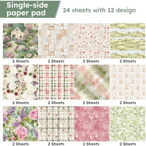Retro Cottagecore Scrapbooking Paper Pad - 24 Sheets 6in Pink Garden Aesthetic Patterned Decorative for Origami Decoupage Journals Wrapping Folded Supplies Gift Cards DIY Crafts Photo Album
