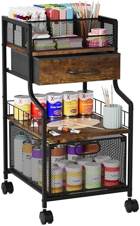 SWTYMIKI Under Desk Storage Cart- Art Storage Cart with Drawers & DIY Divider - Office Cart Organizer Under Desk Shelf, Craft Rolling Cart for Office, Craft Room & Studio Espresso