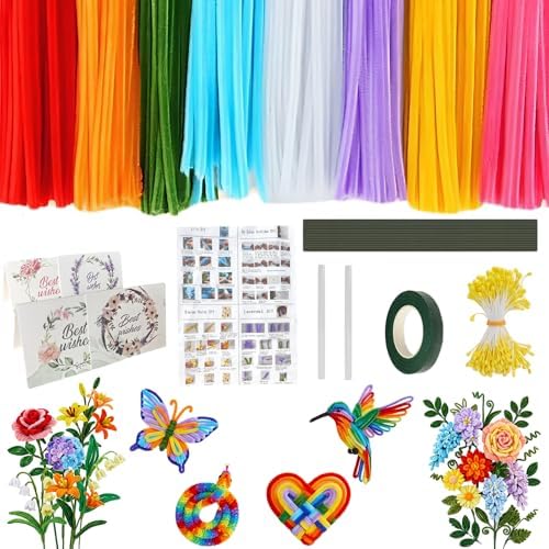 800 PCS Pipe Cleaners Flower Kit - 8 Colors Thickened Chenile Stems Craft Kit with Stems, Tape, Stamens, Manual, Greeting Card, Beauty DIY Flowers Gifts for Family Crafts, Party Holiday Decor