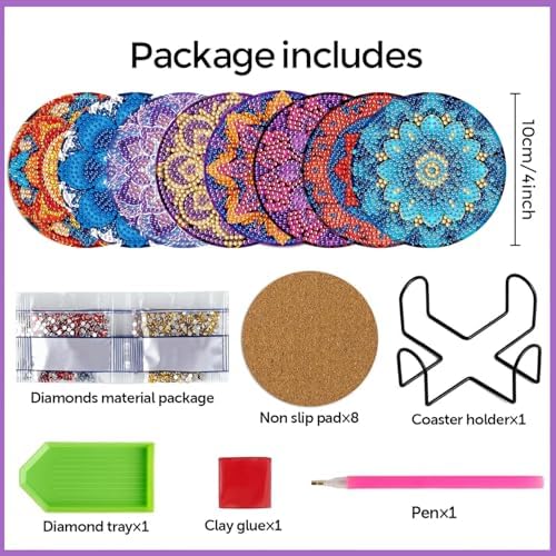 Leatrice 8pcs Mandala Diamond Art Coasters Diamond Painting Kits for Adults