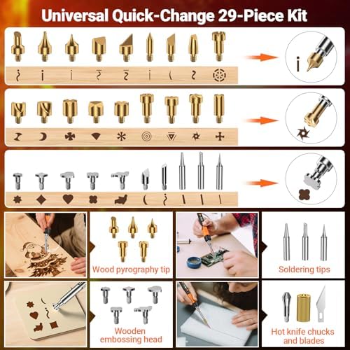 Wood Burning Kit with Digital LCD Display, 100W Fast Heating Pyrography Tool Set, Adjustable 392–932°F Temperature, 29 Tips, Stencils, Colored Pencils & Wood Pieces for Beginners and Professionals