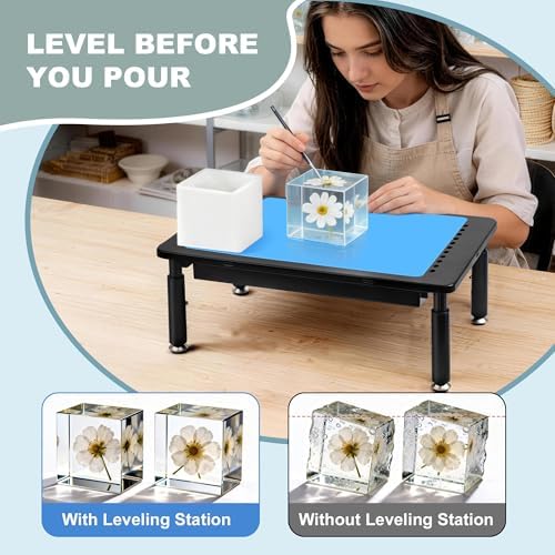 Resin Leveling Table for Epoxy, Resin Table 3 Height Settings 14.6''x 9.25'', Adjustable Leveling Magnetic Bubble Level Built-in Drawer Silicone Mat For Molds Waves Crafting Art