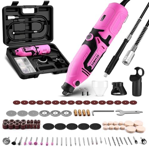 Rotary Tool Kit:DEKOPRO 1.4-Amp Power Hand Rotary Tools with 6 Variable Speed, 127pcs Accessories, 8000~35000RPM Electric Grinder Drill Machine Set with Flex Shaft for Carving, Cutting, Sanding Pink