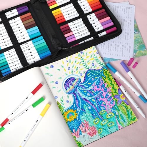 TANMIT 72 Dual Brush Markers for Adult Coloring Books | No Bleeding, Dual Tip Art Markers Set with Fine and Brush Tip Pens for Journaling Sketch Hand Lettering