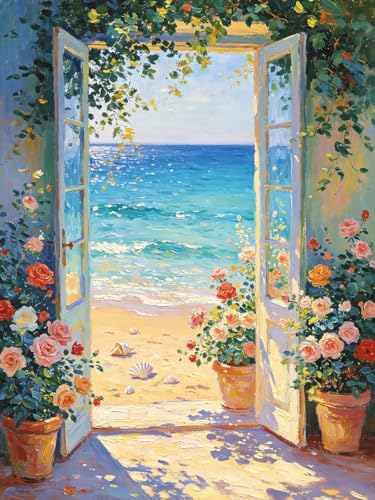 Beach and Flower Diamond Art Kits for Adults, Diamond Painting Kit Adults for Beginners, Round 5D DIY Dimond art,Full Drill Painting Kit Art and Crafts for Adults Home Wall Decor【11.8x15.7inch】