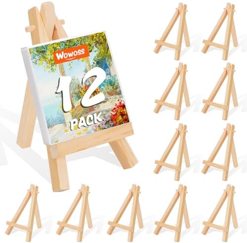 12 Pack 5" Mini Wood Display Easel, Natural Wooden Tripod Holder Stand for Displaying Small Canvases, Business Cards, Photos