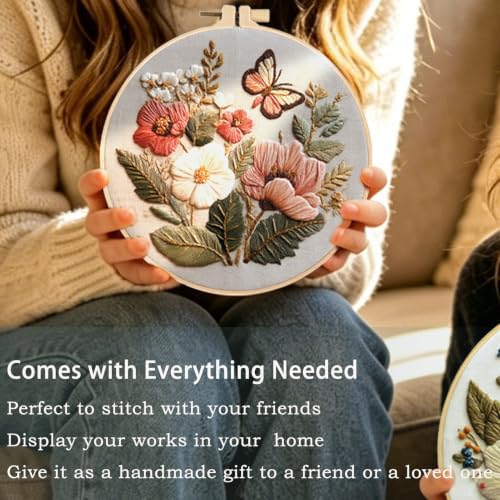 FONNUY Boho Floral Embroidery Kit, Pre-Stamped Butterfly Frolicking in Blooms Patterns Kits for Adults and Beginners, Handmade DIY Crafts Set, Color Thread Needlework, 8'' Hoop (Pink A1)