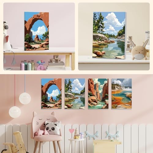 NEWENMO 4 Pack Paint by Numbers for Adults with Wooden Framed, Rock Canyon, Lake, Paint by Number Kits on Canvas for Beginner, DIY Acrylic Oil Painting Kits for Home Decor 8x12 inch, National Park